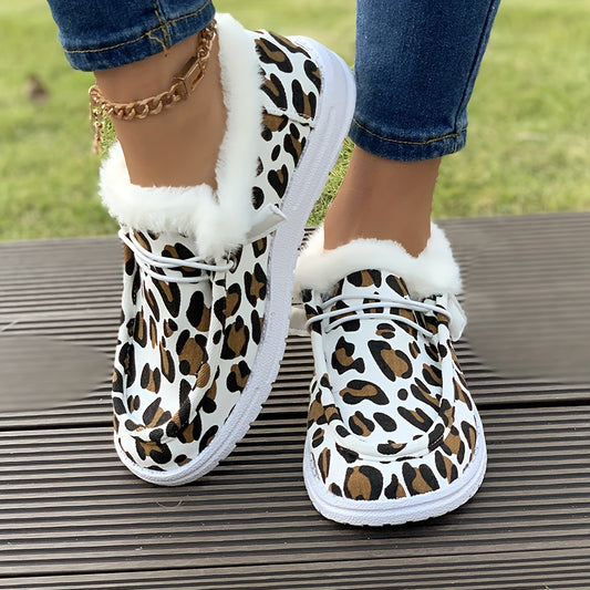 Women's Leopard Print Plush-Lined Slip-On Canvas Sneakers – Cozy Low Tops for Winter