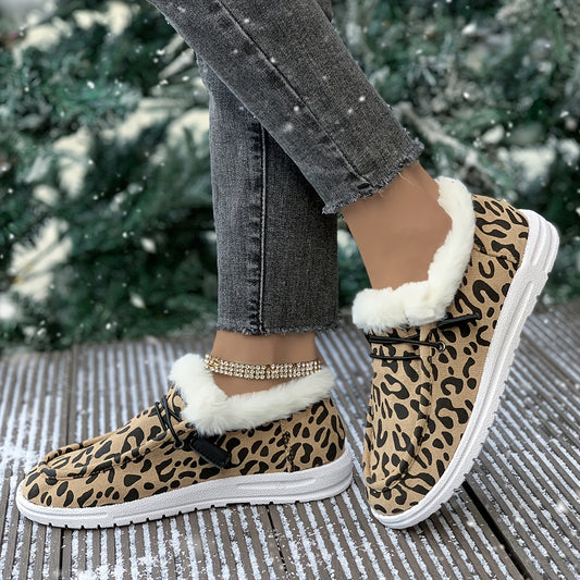Women's Cozy Leopard Print Slip-On Sneakers with Plush Lining for Winter