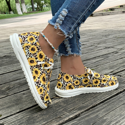 Women's Canvas Shoes – Sunflower & Leopard Print Lace-Up Low Tops, Ultra-Lightweight for All-Day Comfort